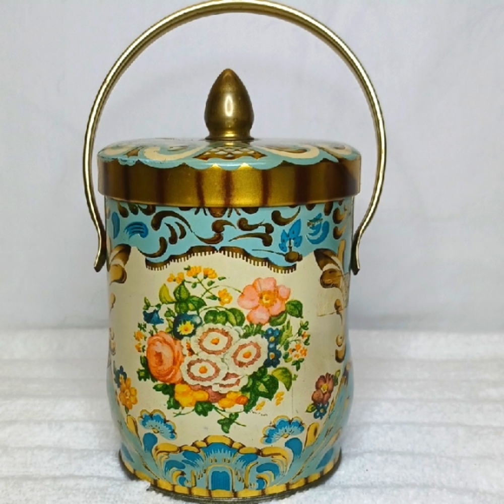 Collectible Vintage Murray-Allen Regal Crown Floral Tin with Hinged Handle.